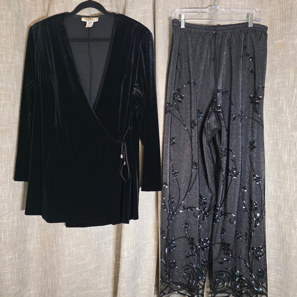 Patra Woman 90s Black Velvet Wrap Tunic Sequin Sheer Pants Set Whimsigoth 14 Vtg